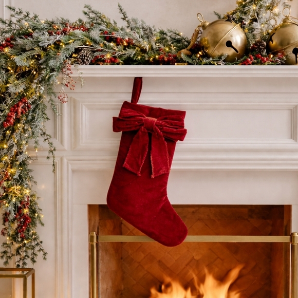 Pottery Barn Other - Pottery Barn Classic Velvet Christmas Stocking Red Bow Holiday Mantel Decor 20"